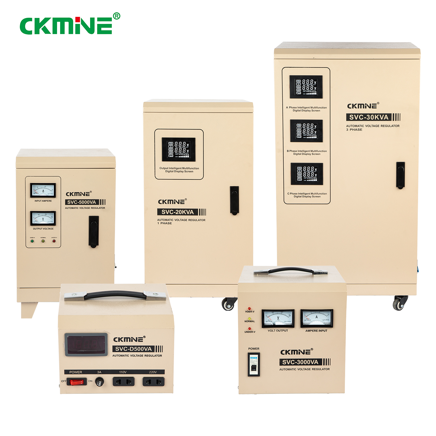 CKMINE Unus Phasis 220V AC SVC AVR 60kva 50kva 40kva 30kva Servo Motor Type Automatic Regulator Control Voltage Stabilizer